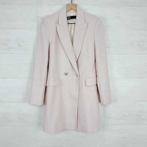 Zara Double Breasted Long Blazer Women S Pink Tailored Fitted Academia Tweed - Picture 1 of 16